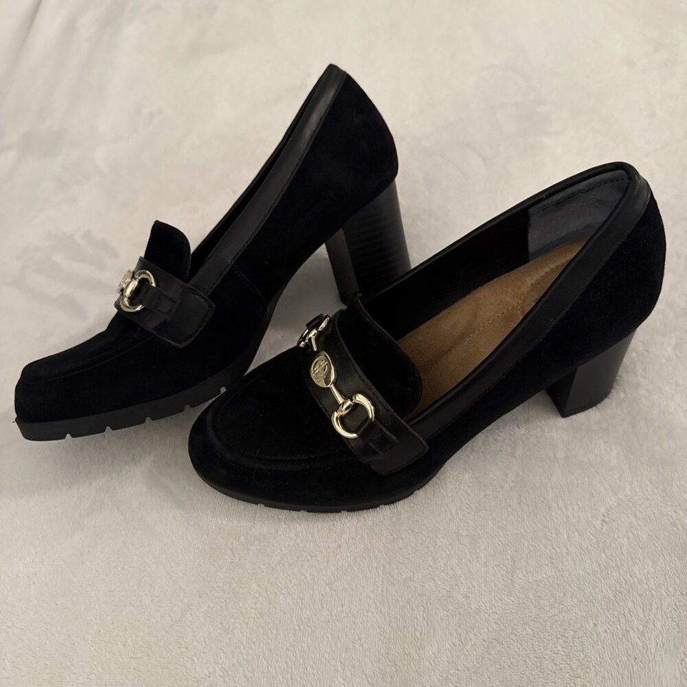 Giani Bernini Porshaa Black Suede Loafer Heels With Gold Buckle Women's Size 8M